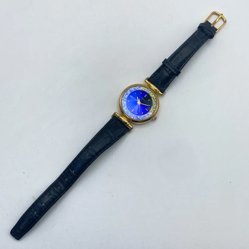 Vtg LA Express Womens Watch Gold Tone Blue Dial Faceted Glitter New Battery 7.75